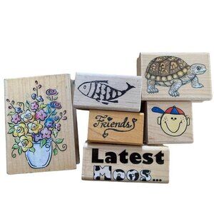 Rubber Stamp Lot Assorted Fun Designs Flowers Turtle Fish Friends Boy Face